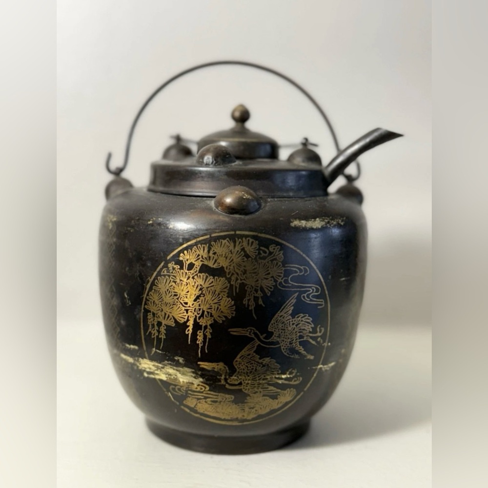 SAntique Vintage Chinese Japanned Tin Gilt Decorated Teapot Pot Calligraphy Seal